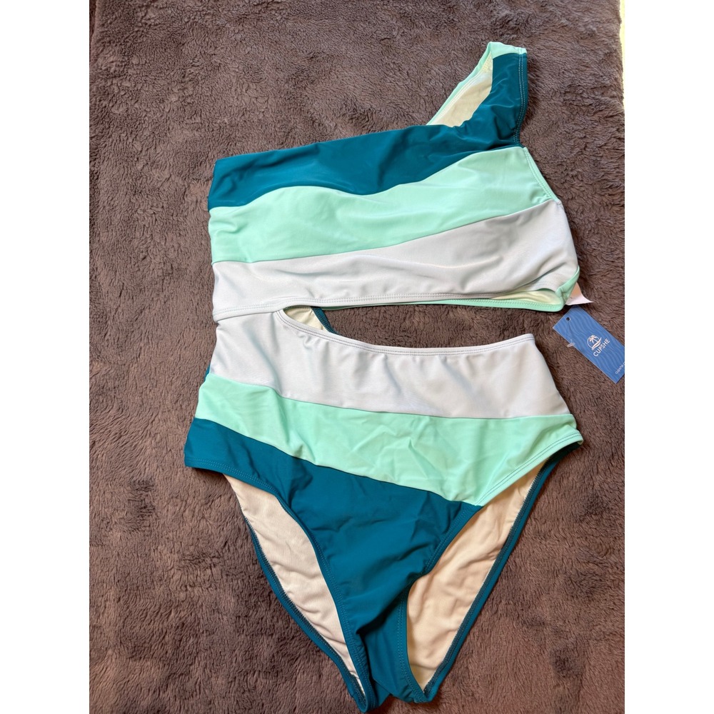Cupshe Womens One Shoulder Cutout Colorblock Monokini Swimsuit Teal Mint Large